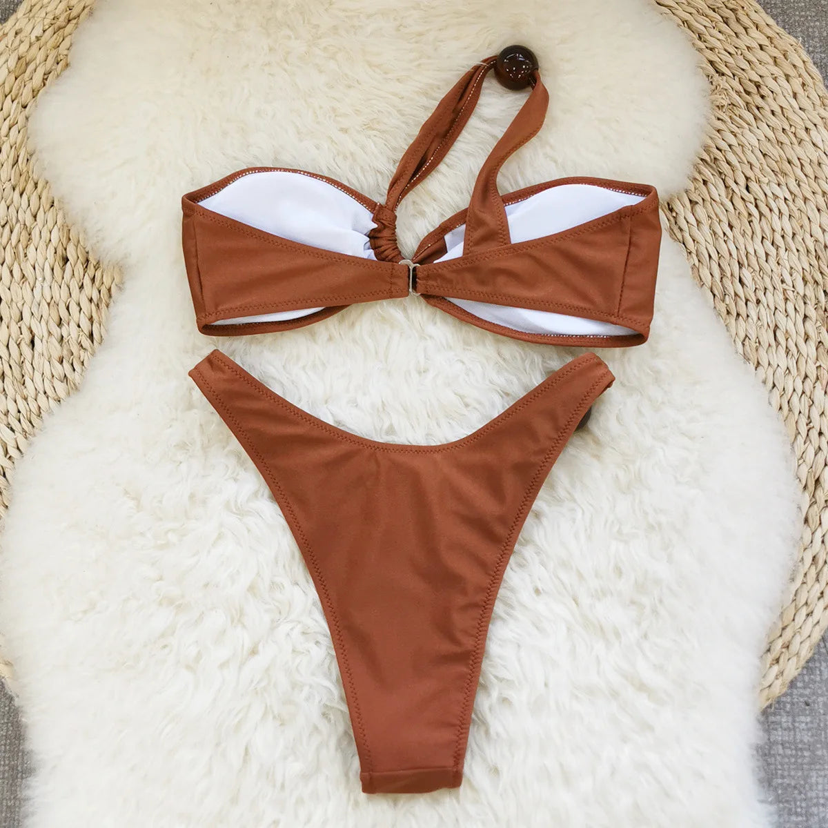 Voguable  Sexy One Shoulder Bikinis Sets Women Coffee Pleate Push Up Micro Swimsuit Summer Bathing Suit Bead String Thong Swimwear voguable