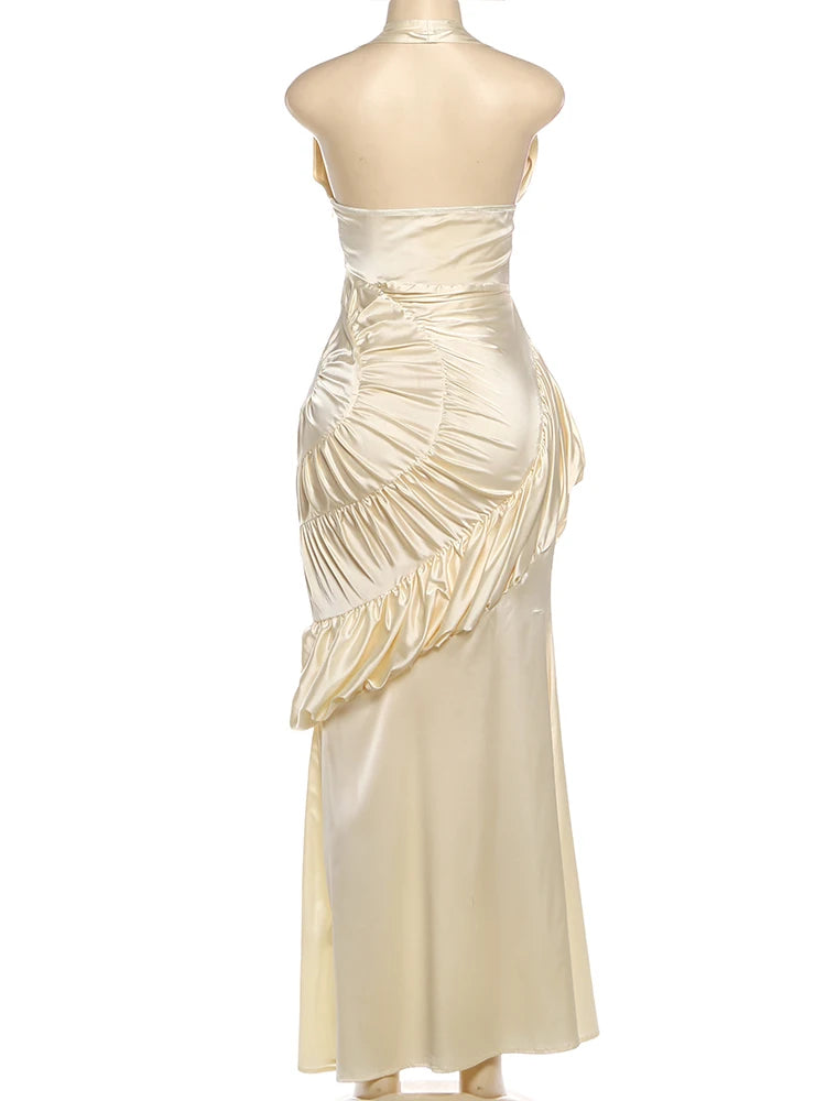 Voguable  Elegant Satin Backless Dress Women Classic Halter V-Neck Ruched Sleeveless Trend Fashion Birthday Party Club Vestidos voguable