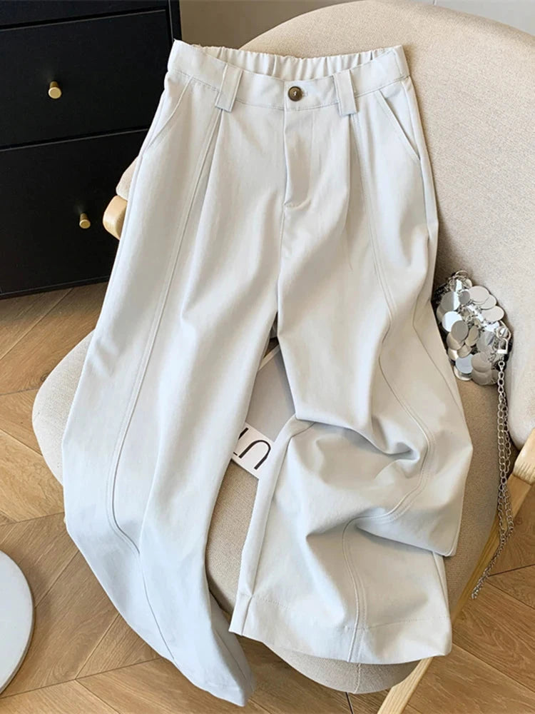 Casual Elegant Wide Leg Pant Women Vintage High Waist Loose Korean Trousers Fall Winter Pockets Solid Simple Retro Pants voguable