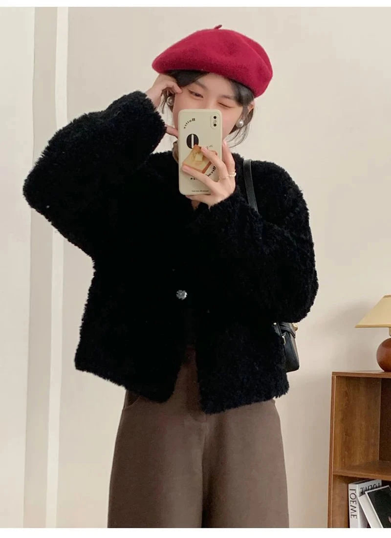 Winter Vintage Women Faux Lamb Coat Warm Soft Long Sleeve V Neck Sweet Jacket Retro Simple Solid Korean Female Preppy Style Tops voguable