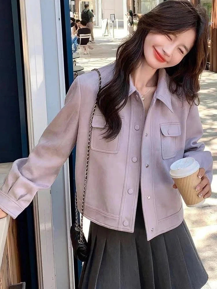 Purple Sweet Faux Suede Jacket Women Casual Vintage Korean Long Sleeve Coat Fall Winter Preppy Style Retro All Match Tops voguable