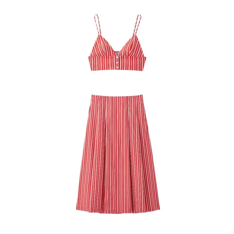 Stripe Bras And Pleat Skirt Sets Sexy Casual Boho Crop Top + Skirts Two Piece Set Vacation Woman Clothing 2025 New Summer Suit voguable