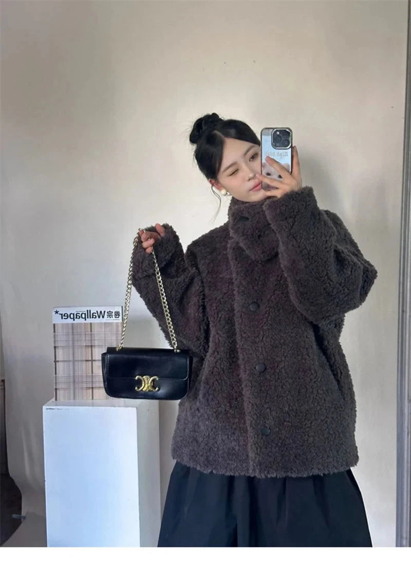 Japan Cute Faux Lamb Coat Women Loose Long Sleeve Winter Warm Retro Jacket Casual Stand Collar Preppy Style Pockets New Top voguable