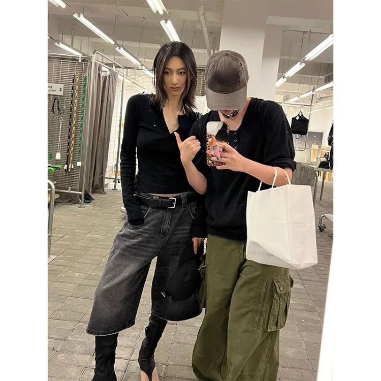 Voguable  Vintage Washed Black Denim Pants Women 2024 Summer High Waist Loose Wide Leg Y2k E-Girl Unisex A-line Calf- Length Chic voguable