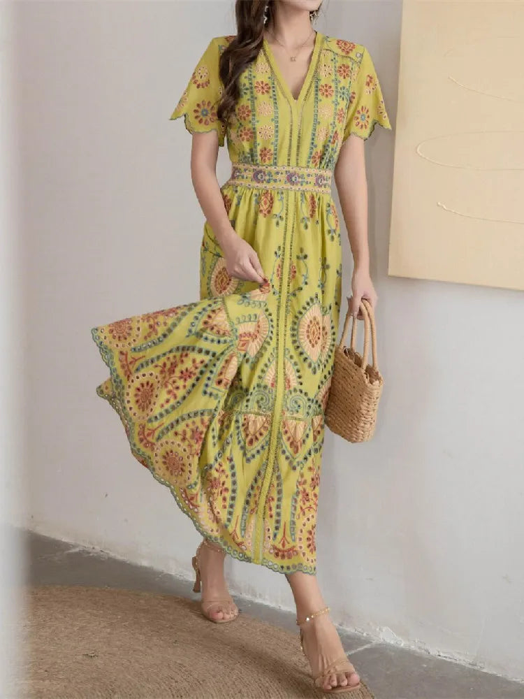 Voguable  Summer Vocation V neck Embroidery Hollow Out Hole Flower Midi Dress Woman Short Flare Sleeve Swing Beach Holiday Robe voguable