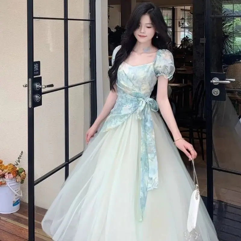 Voguable  Summer New Women's Romantic Fairycore Gradient Tulle Dress Square Neck Puff Sleeve Belted A-line Long Party Prom Dresses voguable