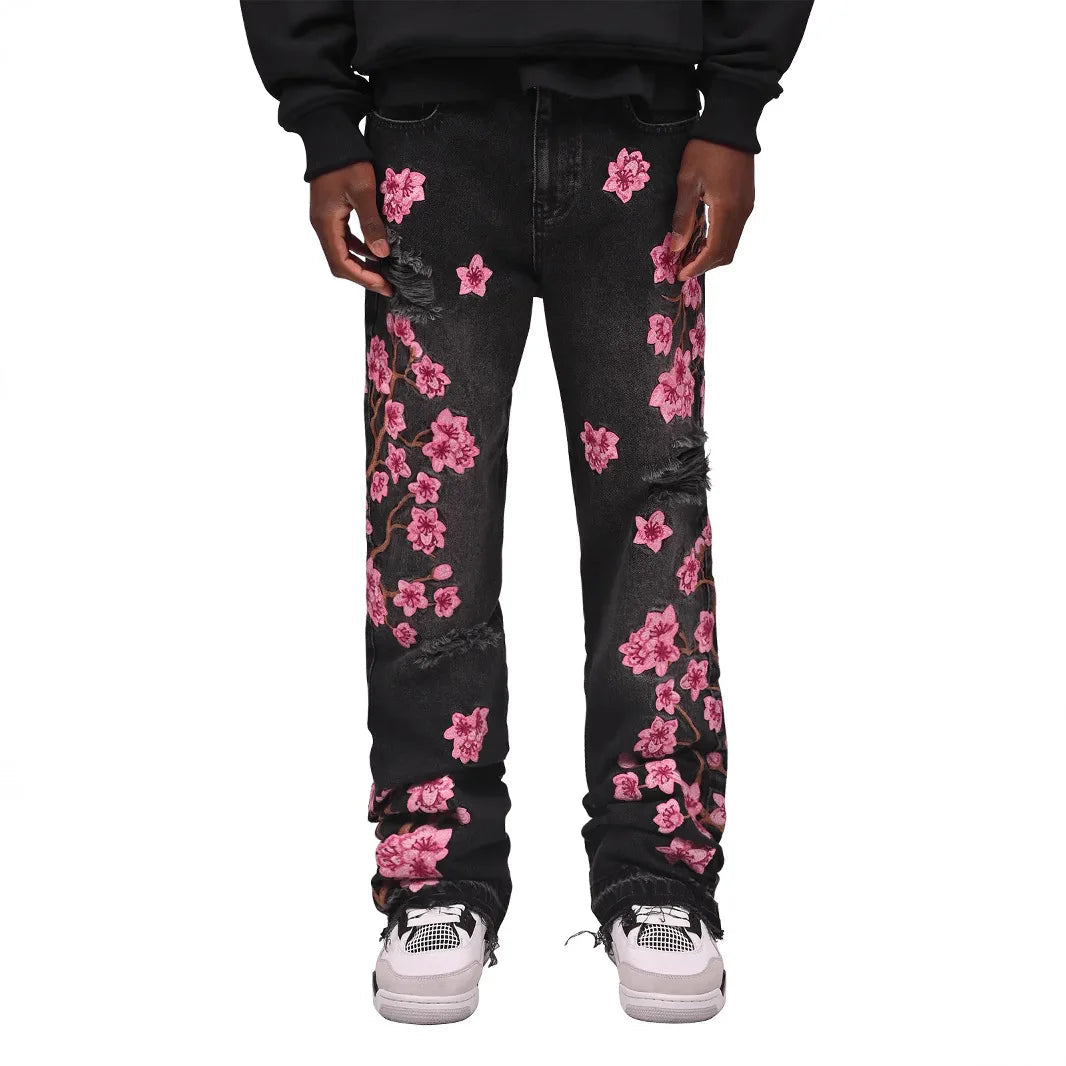 Voguable  Men's high-street ripped jeans with floral embroidery patchwork, trendy street-style distressed flared jeans voguable