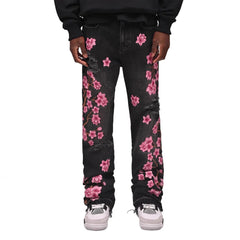 Voguable  Men's high-street ripped jeans with floral embroidery patchwork, trendy street-style distressed flared jeans voguable