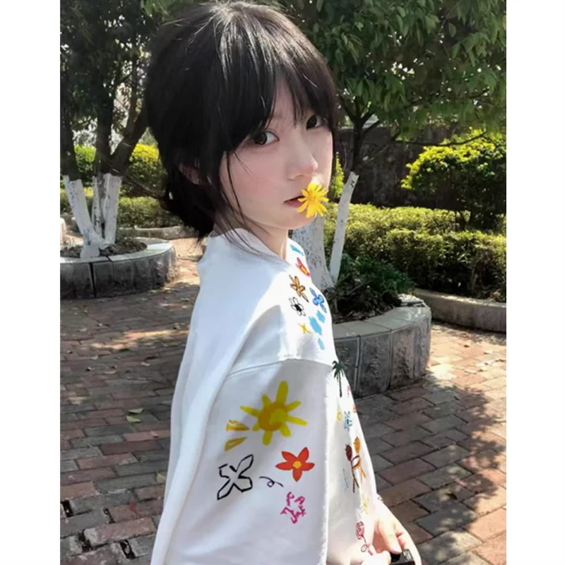 Women's Printing Flowers Tee Summer Sweet O-Neck Cotton High Street Loose Soft T-Shirt Oversize Casual Basic T-shirt Clothing voguable