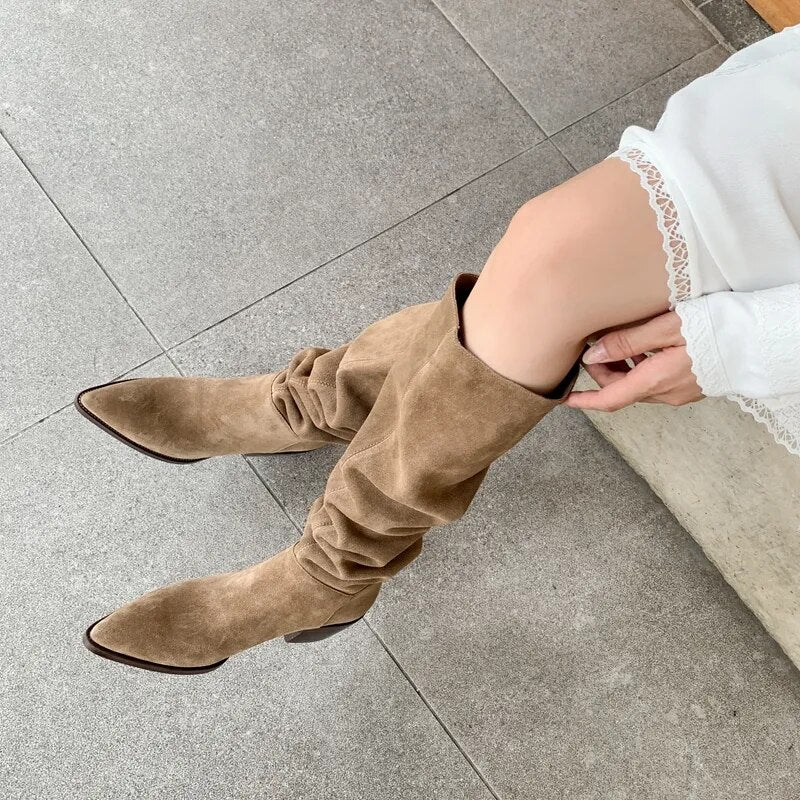 New Western Women Knee-High Boots Autumn Winter Cow Suede Leather Quality Office Lady Casual Shoes Retro Black Woman Boots voguable