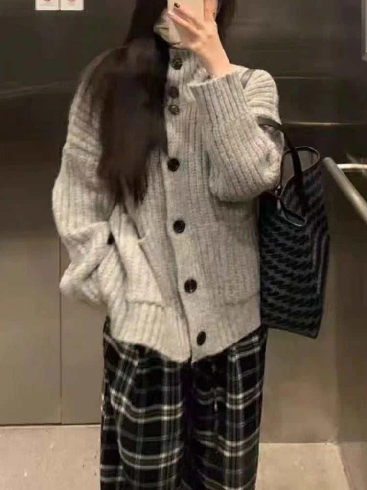 Slouchy Knit Cardigan for Women Rib-knit Pockets Front High Neck Button Up Sweater Jacket Coat Female Autumn Winter Basic Outfit voguable