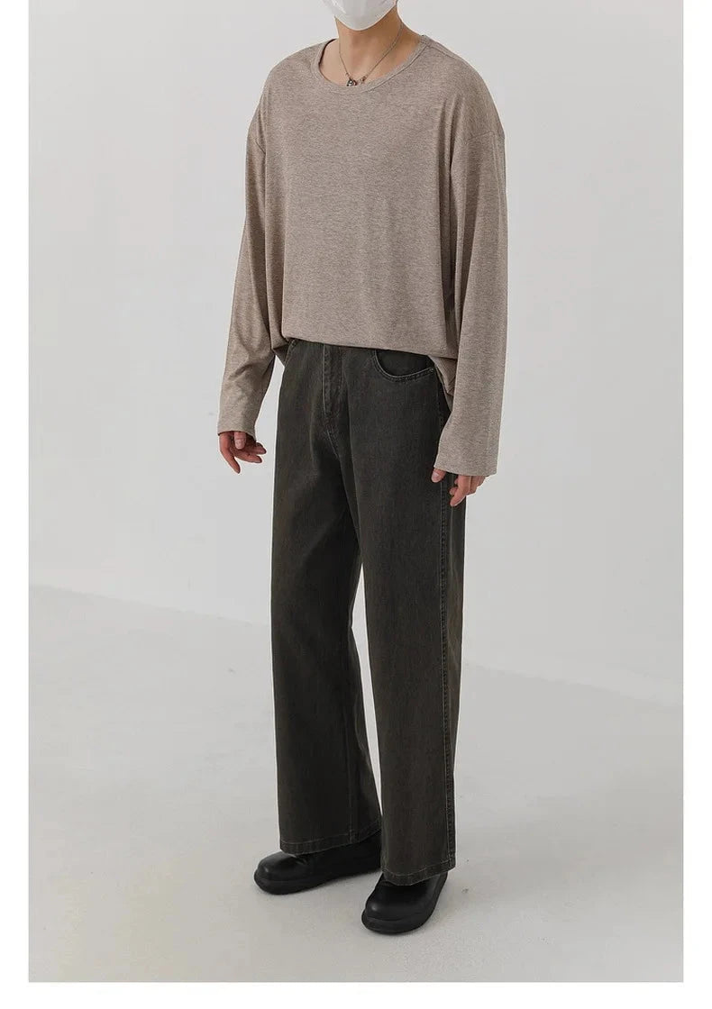 Korean Fashion Men T-shirt Luxury Knitted Solid Color Scoop Neck Long Sleeve Tees Casual Premium Quality Textured Knitwear M-3XL voguable