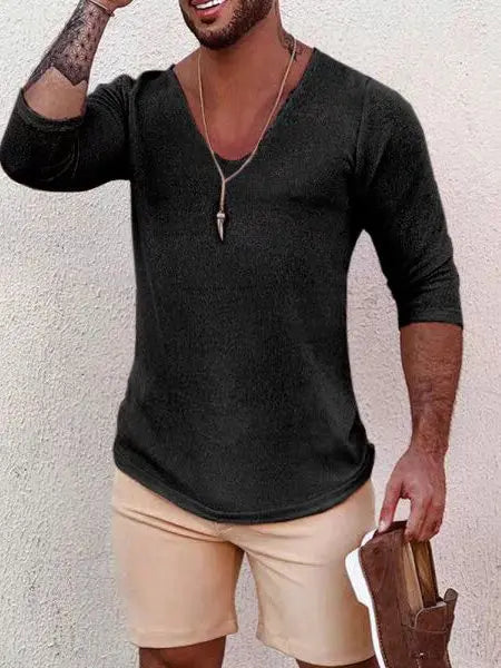 Voguable  Lightweight Breathable Loose Long Sve U-Ne Hollow out Knitted T-irt for Men Made of Linen Ice Silk Trendy Summer Top voguable