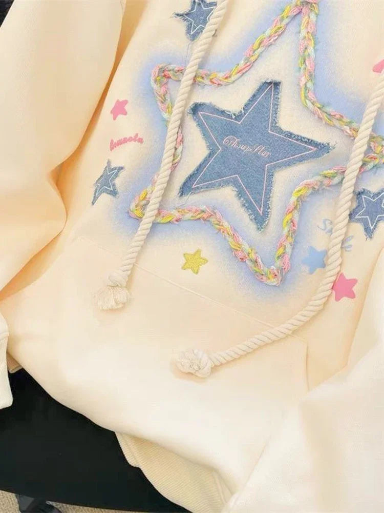 Vintage Star Print Hoodies Women Streetwear Loose Long Sleeve Sweatshirts American Retro Bf Casual Harajuku Pullover Tops voguable