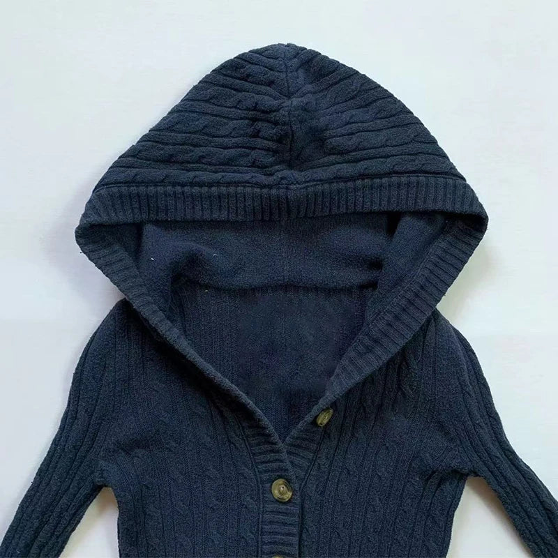 American Navy Blue Knitted Hooded Cardigan Y2K Fashion Slim Casual Buttons Sweater Jacket Female Long Sleeve All-Match Sweaters voguable