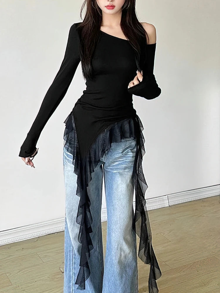 Ruffles Tassel Off shoulder Long sleeve T shirt Women Sweet Gentle Streetwear Party Basic Top Tees Shirt Sexy 2025 New voguable