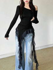 Ruffles Tassel Off shoulder Long sleeve T shirt Women Sweet Gentle Streetwear Party Basic Top Tees Shirt Sexy 2025 New voguable