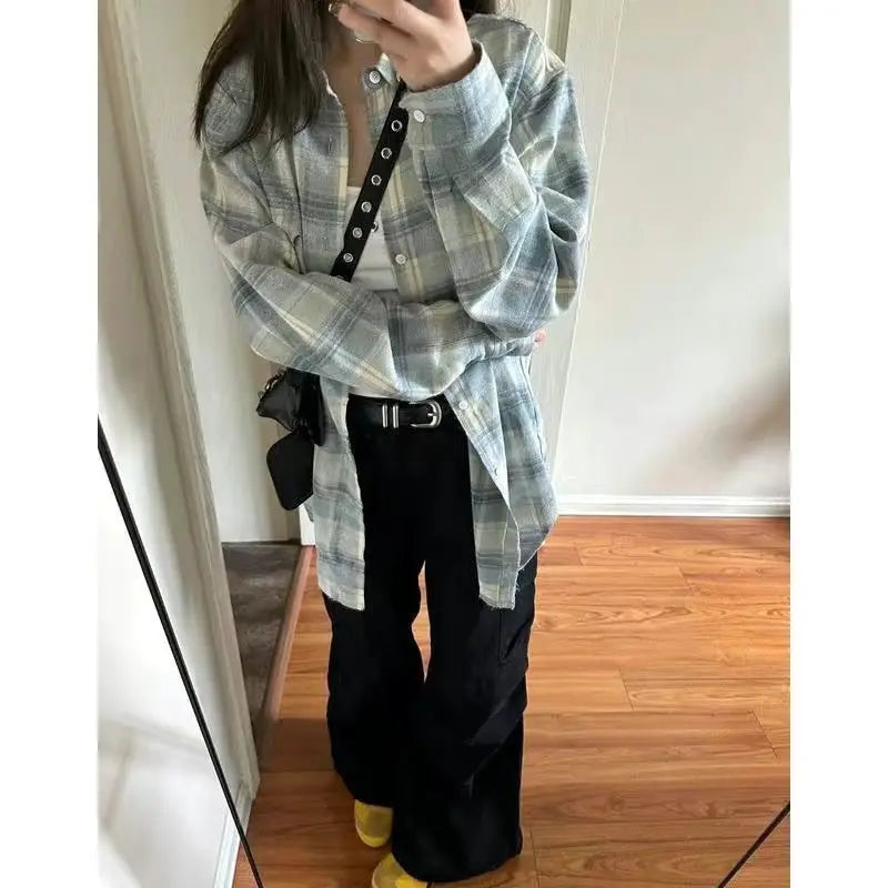 Women Shirt Women Long Sleeve Mid Length Vintage Blue Plaid Pocket Turn down Collar Preppy Style Shirts Blouse Female Cardigan voguable