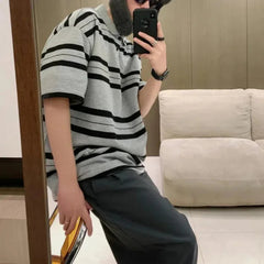 Voguable  Korean Boyfriend Summer New Patchwork Polo Shirts Printing Stripes Fashion Loose Minimalist Casual Short Sleeved Tops voguable