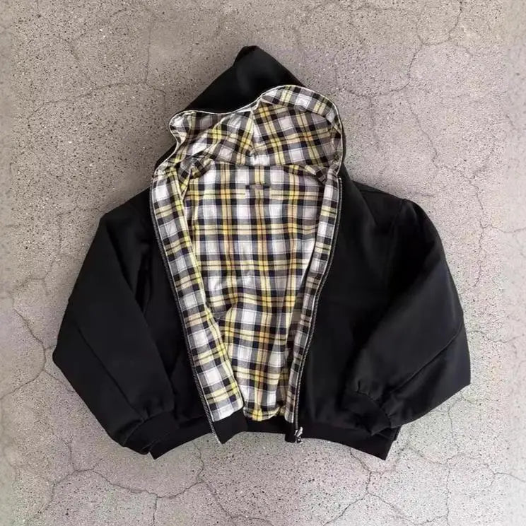 Voguable  Double-Sided Wear Plaid Patchwork Hoodie Men's Fashionable Zipper Splicing Autumn Winter Thickened Casual  Color Sweatshirt voguable