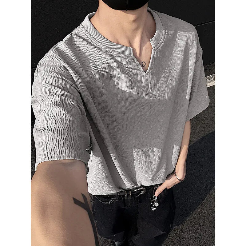 Summer Short Sleeved T-shirt Men Casual V-neck T Shirt Men Streetwear Korean Loose Pleated T Shirt Mens Top Large Size 5XL voguable