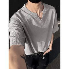 Summer Short Sleeved T-shirt Men Casual V-neck T Shirt Men Streetwear Korean Loose Pleated T Shirt Mens Top Large Size 5XL voguable