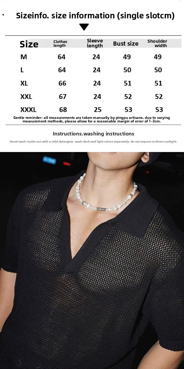 Voguable  Mesh Knitted Short Sleeve  Shirt with Large V-Neck for Men Breathable See-through Design Summer Fashion T-shirt for Teens voguable