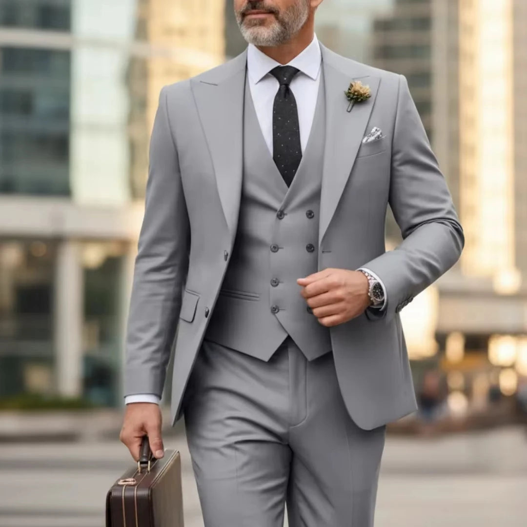 Voguable  Men Suit Gray 3 Pieces Jacket Vest With Pant Solid With Lapel For Wedding Groom Party Prom Birthday Banquet Business Work Set voguable