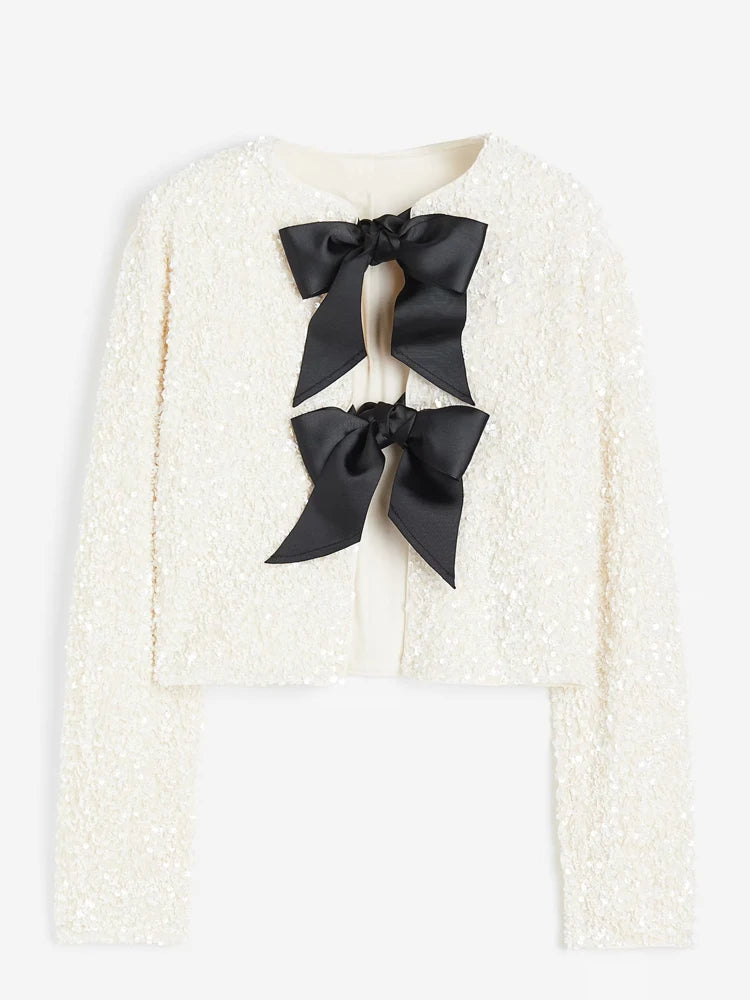 Fashion Holiday Tie-front Sequined Jacket For Women Y2K Shiny Chic Cropped Coat Female Elegant Long Sleeve Lady Party Outerwear voguable