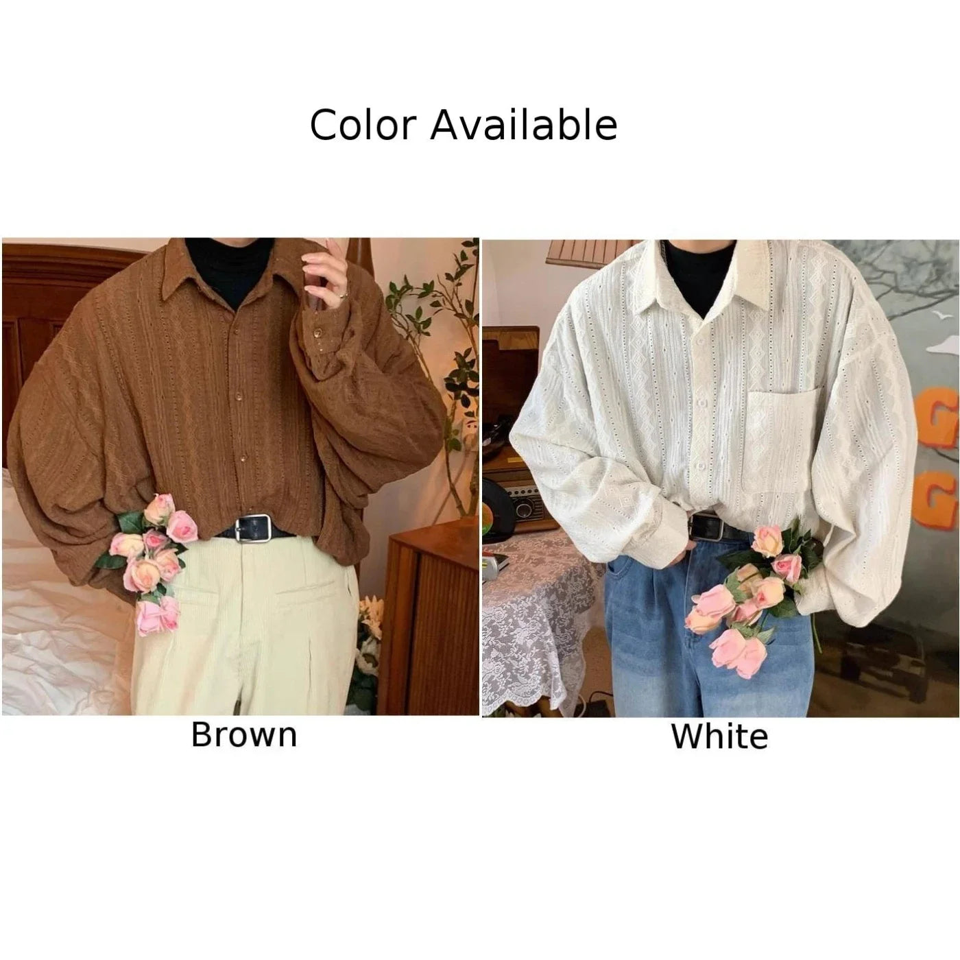 Shirts For Men Apricot Handsome Lapel Men Blouse Vacation Hollow Out Sexy Fashion Men Clothing Male Mesh Long-sleeved Shirts voguable