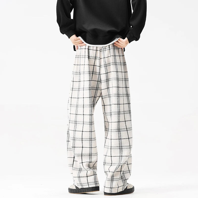 Autumn Thick Casual Pants Men Warm Retro Plaid Pants Men Streetwea Hip-hop Loose Wide Leg Pants Mens Oversized Vintage Trousers voguable