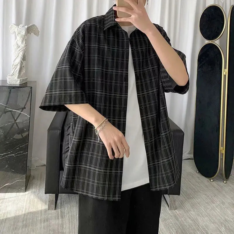 Korean Style Loose and Versatile Plaid Five-point Sleeve Shirt voguable