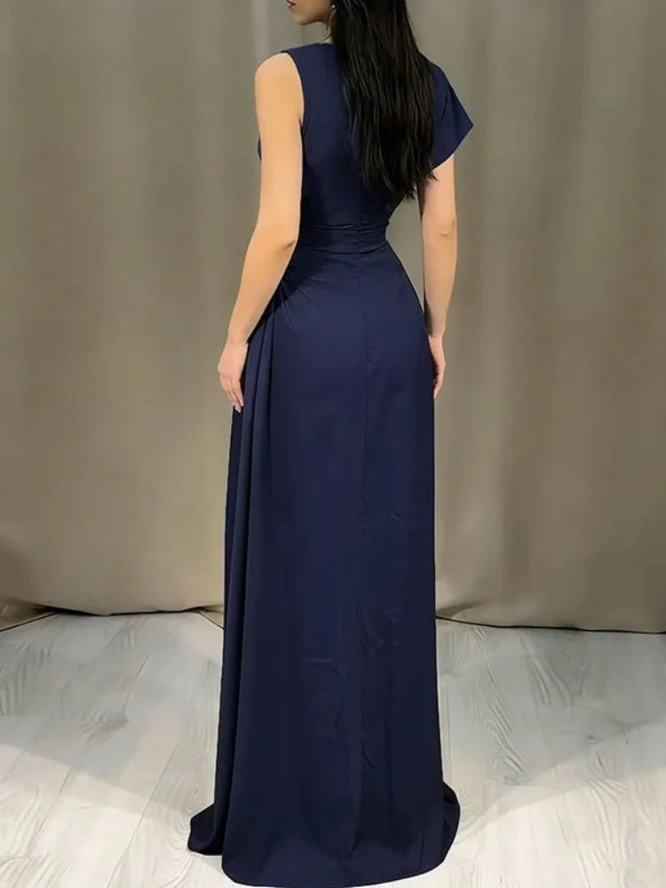 Voguable  Elegant High Waist Pleated Maxi Dress for Women Sleeveless Straight Satin LongCrew Neck Party Gown Solid Color Spring Summer voguable