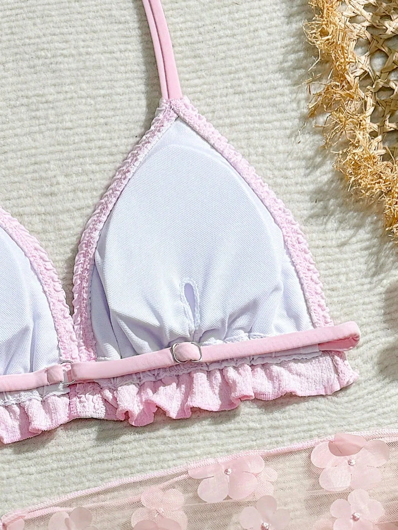 Voguable  Children Pink Crinkle 3-Piece Bikini Set with Halter Triangle Top & Floral Mesh Sarong Cover Up Beachwear Girl's Sportswear voguable