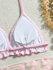 Voguable  Children Pink Crinkle 3-Piece Bikini Set with Halter Triangle Top & Floral Mesh Sarong Cover Up Beachwear Girl's Sportswear voguable