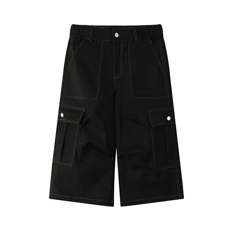 Summer Casual Pants Men Retro Pocket Cargo Pants Men Japanese Streetwear Hip-hop Loose Wide Leg Pants Mens Cropped Trousers voguable