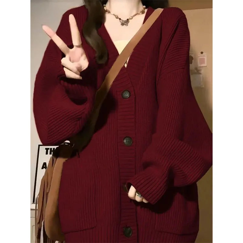 Wine Red Preppy Style Fashion Sweater Coat V-Neck Drop-shoulde Autumn Winter Loose Oversize Long Sleeve Cardigans Knitted Tops voguable
