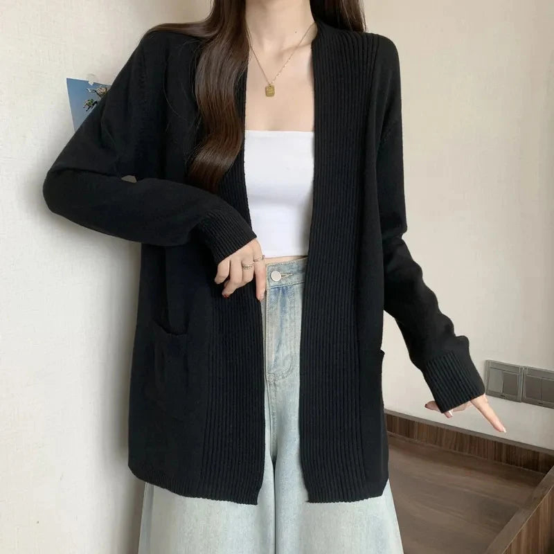 Knitted Women Cardigan Autumn Loose Long Sleeve V Neck Casual Sweater Coat Korean Solid Simple Basic Female All Match Cardigan voguable