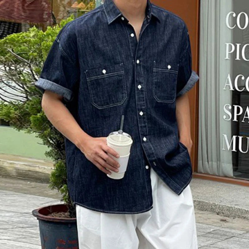 Voguable Men's Denim Shirt 2024 Summer New Loose Trend Versatile Lapel Short Sleeve Design Single Breasted Double Pockets Top voguable