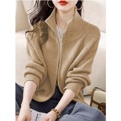 Women's Zip Up Sweater Cardigan Cozy Knit Stand Collar Zipper Front Plain Sweater Jacket Female Korean Chic Fall Winter Outfit voguable