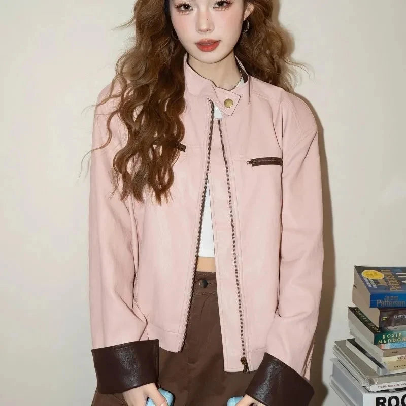 Pink Vintage Biker Pu Jacket Women Long Sleeve American Casual Y2K Coat Fall Winter Moto Female O Neck Streetwear Retro Top voguable
