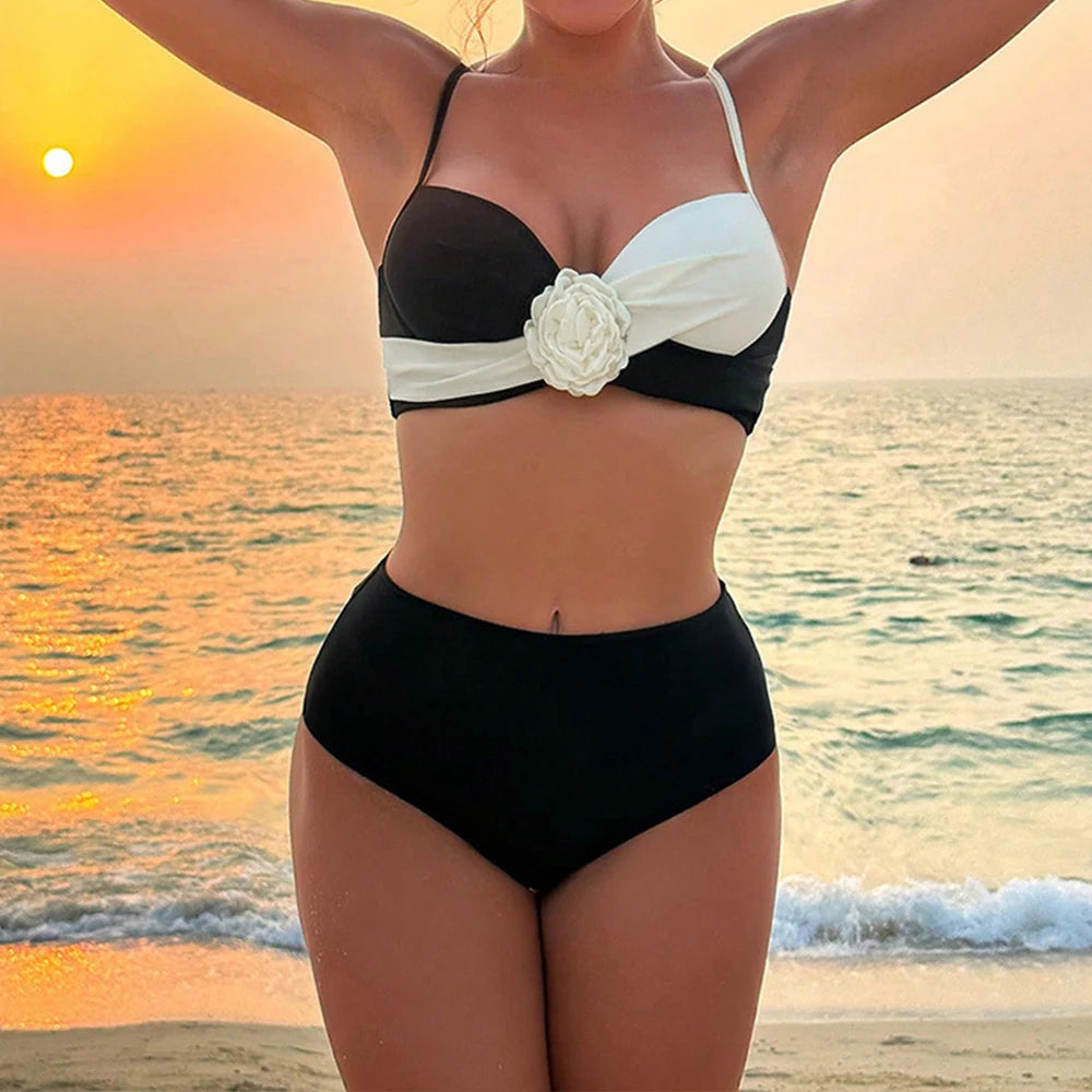 Summer Women Bikini Beach Style Contrast Color Flower Decor Spaghetti Strap Sleeveless Swimsui Vacation Bikini Sets voguable