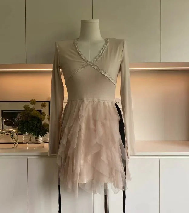 Voguable  French Style Princess Birthday Dress Spring Autumn Women Bownot Long Sleeve Knitted Lace Mesh Dress Fashion Sweet Party Dresses voguable