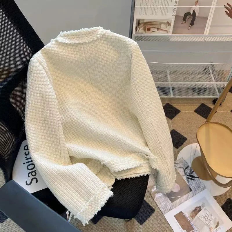 Fashion Tweed Jacket Women Winter Thick Warm Single Breasted O Neck Coats Korean Elegant Office Lady All Match Outwear Mujer New voguable