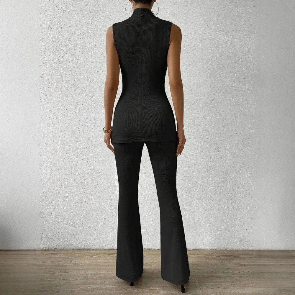 Sets Spring Summer Fashion For Women Stand Collar Sleeveless Solid Color Lettuce Modern Office Lady Two-piece Set voguable