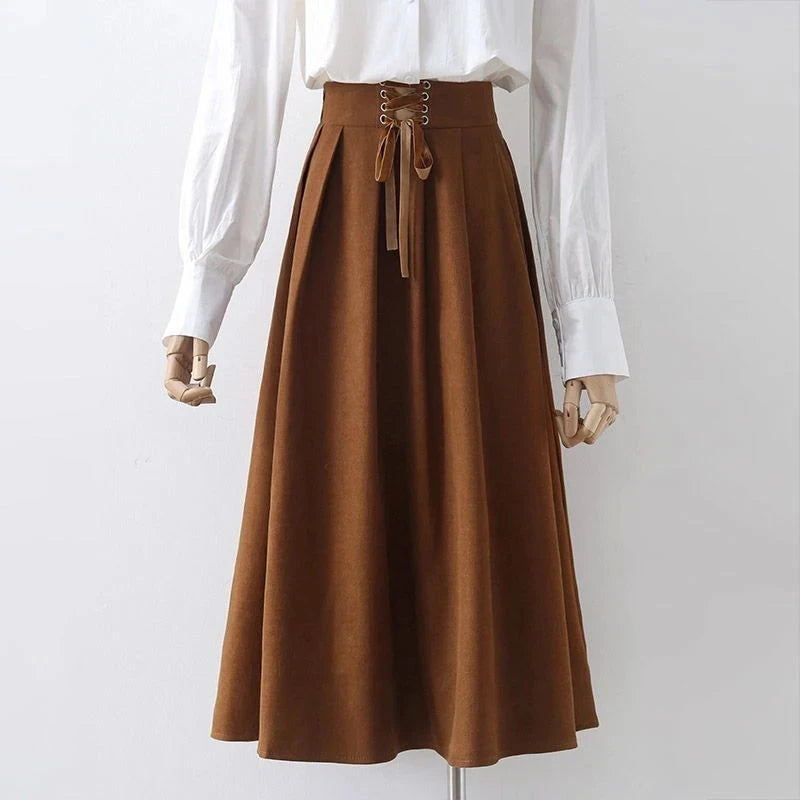 Preppy Style Vintage Long Skirts Women High Waist Sweet Loose A Line Skirt Lace Up Retro Fall Winter Female Elegant Long Skirts voguable