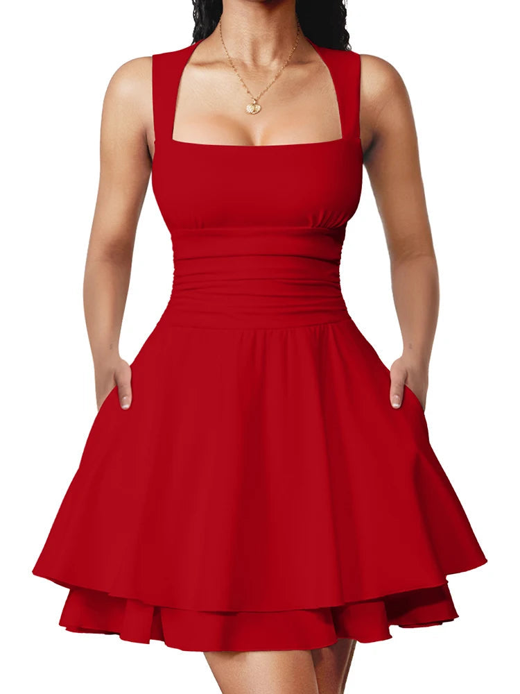 Voguable  Summer Elegant Women Sexy Sleeveless Dress High Waist Slim Short Skirt Square Neck Solid Color A-Line Dress Party Tank Dress voguable