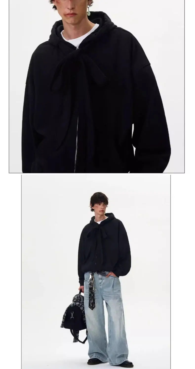 American solid strap design hooded sweatshirt cardigan men's autumn winter new coat couple tops loose versatile jacket voguable