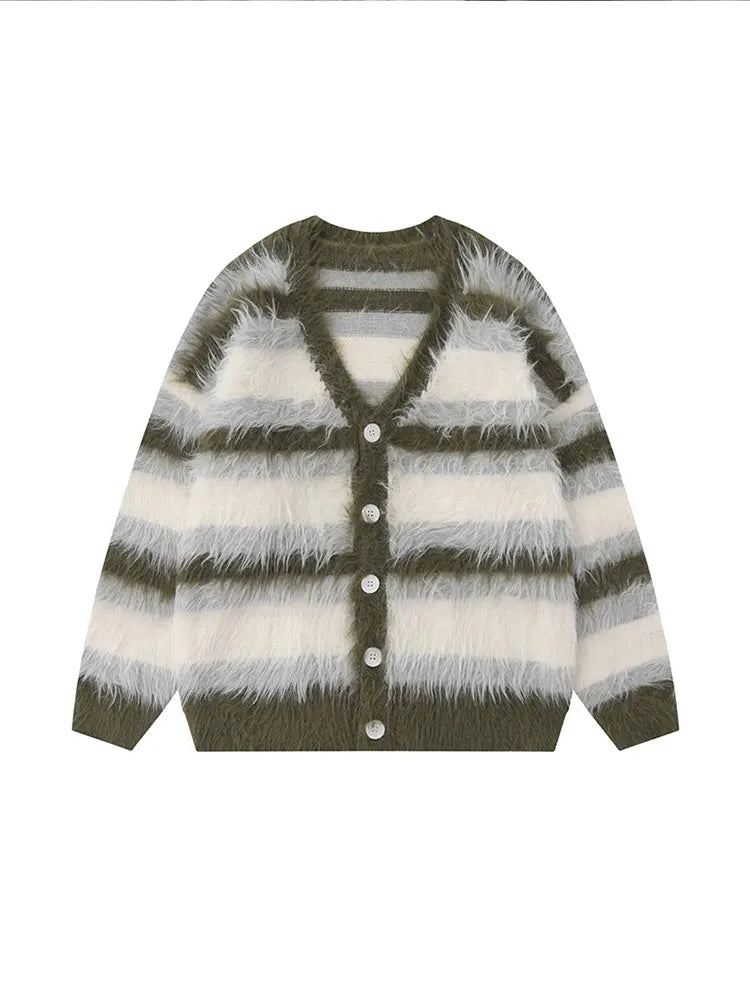 Striped Velvet V Neck Sweater Jacket For Men Fashion Casual Long Sleeve Single Breasted Mohair Coat Chic Warm Knitted Cardigan voguable