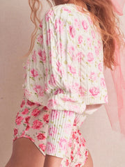 Autumn Retro Tie-dye Flower Print Cropped Cardigan Woman V neck Puff Long Sleeve Knitted Sweater Knitwear Jumper voguable